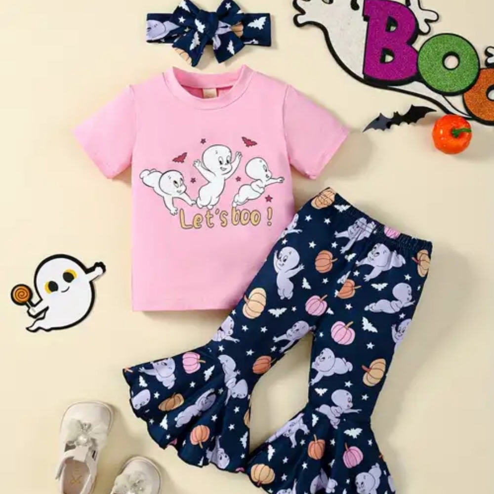 Pink Ghost Tee and Navy Flare Pants Set
